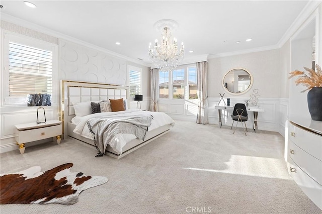 123 Calderon, Irvine, CA 92618 - carpeted bedroom featuring a chandelier, wainscoting, ornamental molding, and a decorative wall