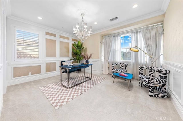 123 Calderon, Irvine, CA 92618 - interior space featuring wainscoting, visible vents, an inviting chandelier, a decorative wall, and ornamental molding