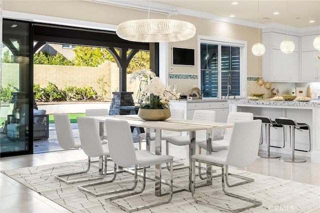 123 Calderon, Irvine, CA 92618 - dining space featuring light tile patterned flooring, recessed lighting, and crown molding