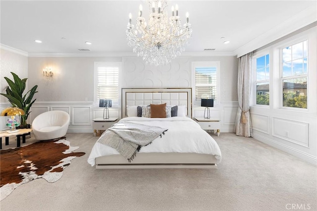 123 Calderon, Irvine, CA 92618 - bedroom featuring an inviting chandelier, ornamental molding, and a decorative wall