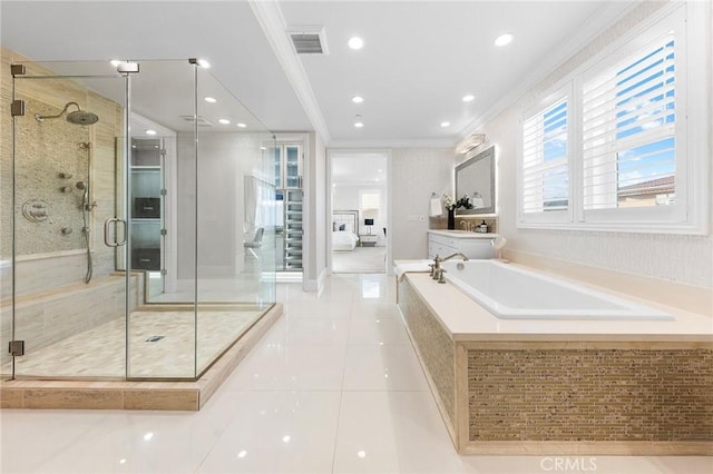 123 Calderon, Irvine, CA 92618 - full bath featuring a shower stall, tile patterned floors, visible vents, ornamental molding, and a garden tub
