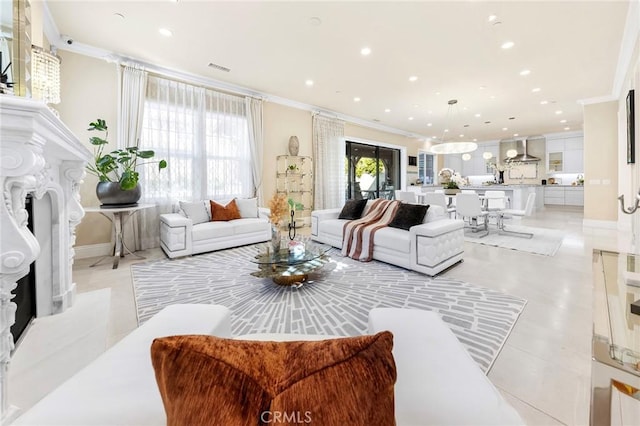 123 Calderon, Irvine, CA 92618 - living room with light tile patterned floors, baseboards, crown molding, and recessed lighting