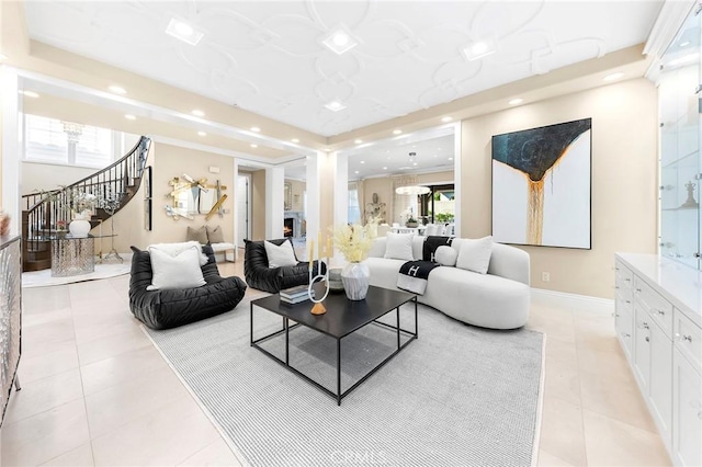 123 Calderon, Irvine, CA 92618 - living area with recessed lighting, a tray ceiling, light tile patterned floors, baseboards, and stairs