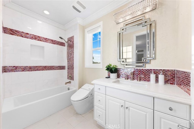 123 Calderon, Irvine, CA 92618 - full bath with tile patterned floors,  shower combination, toilet, visible vents, and ornamental molding