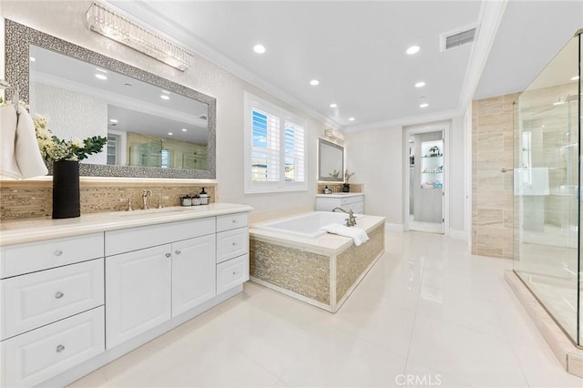 123 Calderon, Irvine, CA 92618 - full bathroom featuring a shower stall, visible vents, vanity, a bath, and crown molding