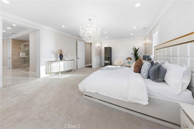 123 Calderon, Irvine, CA 92618 - carpeted bedroom featuring wainscoting, visible vents, recessed lighting, a chandelier, and crown molding