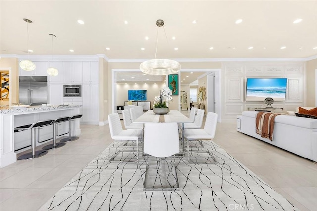 123 Calderon, Irvine, CA 92618 - dining area featuring light tile patterned flooring, crown molding, and recessed lighting