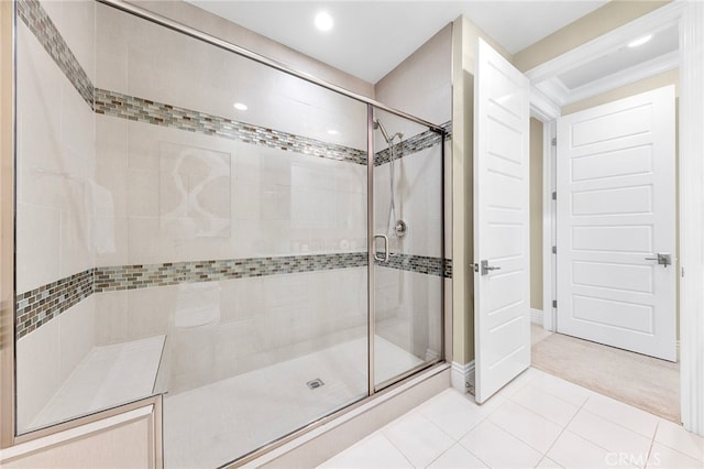 123 Calderon, Irvine, CA 92618 - bathroom featuring tile patterned floors, a shower stall, and recessed lighting