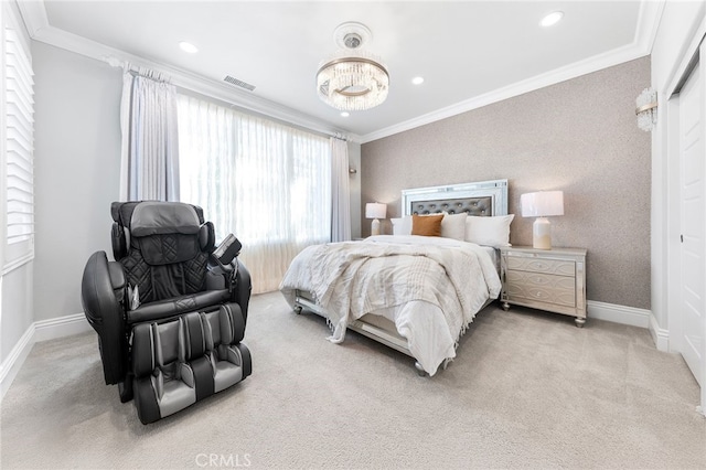 123 Calderon, Irvine, CA 92618 - carpeted bedroom featuring visible vents, recessed lighting, ornamental molding, and baseboards