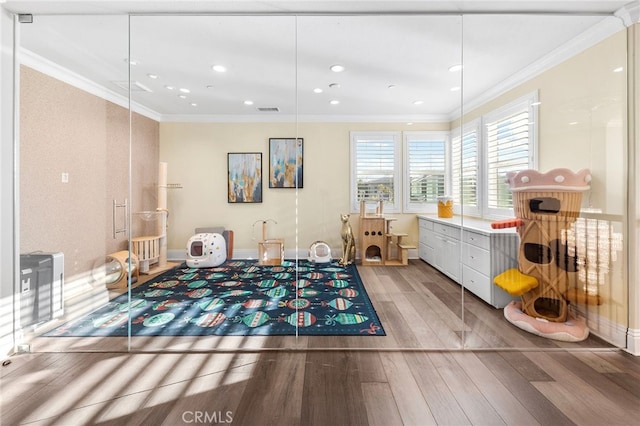 123 Calderon, Irvine, CA 92618 - recreation room with crown molding, recessed lighting, wood finished floors, and baseboards