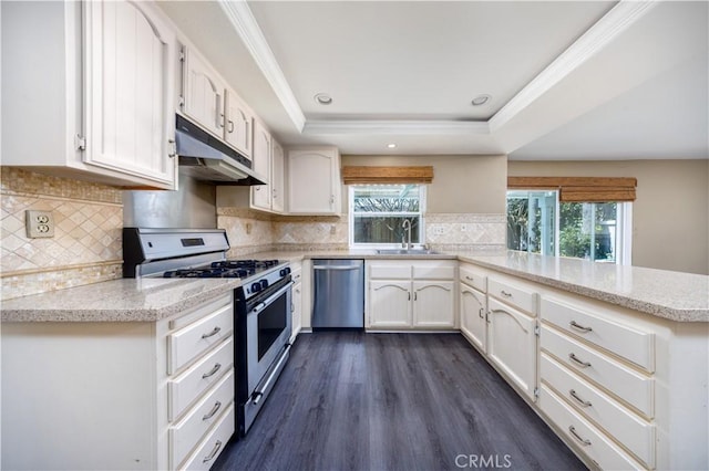 kitchen with appliances with stainless steel finishes, a peninsula, white cabinetry, under cabinet range hood, and a tray ceiling