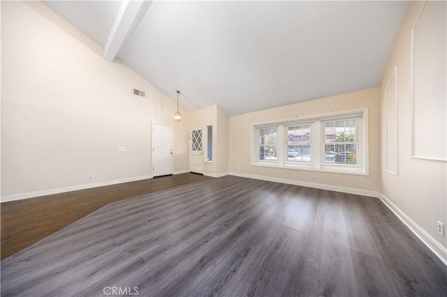 unfurnished living room featuring dark wood-type flooring, beamed ceiling, baseboards, and high vaulted ceiling