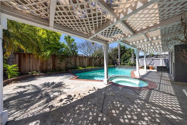 view of pool with a fenced backyard, a patio, a pergola, and a pool with connected hot tub