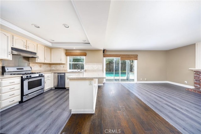 kitchen with appliances with stainless steel finishes, under cabinet range hood, a sink, light countertops, and dark wood-type flooring