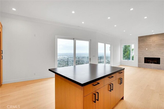 10050 Olivia Ter, Sun Valley, CA 91352 - kitchen with dark countertops, crown molding, open floor plan, light wood finished floors, and recessed lighting