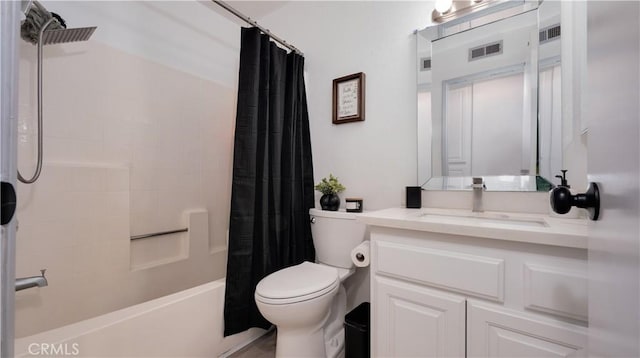 full bathroom featuring vanity, visible vents, shower / bathtub combination with curtain, and toilet