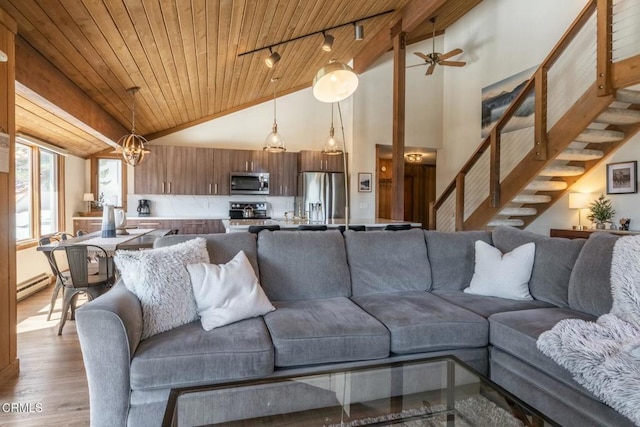 435 Lakeview Blvd Unit 116, Mammoth Lakes, CA 93546 - living area with wooden ceiling, stairway, track lighting, high vaulted ceiling, and wood finished floors