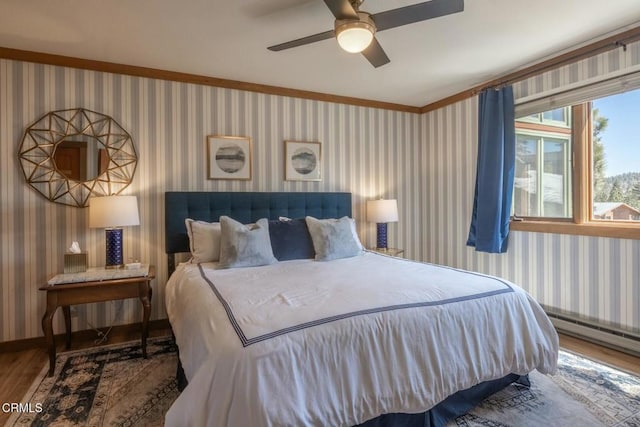 435 Lakeview Blvd Unit 116, Mammoth Lakes, CA 93546 - bedroom featuring wood finished floors, wallpapered walls, crown molding, and a ceiling fan