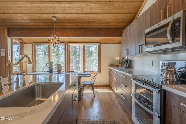 435 Lakeview Blvd Unit 116, Mammoth Lakes, CA 93546 - kitchen featuring appliances with stainless steel finishes, wooden ceiling, modern cabinets, light wood-type flooring, and pendant lighting