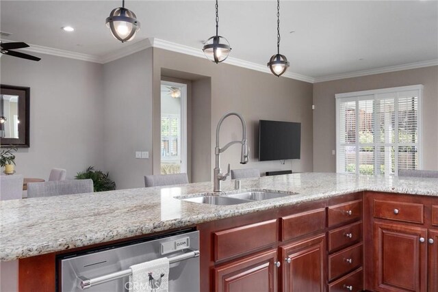 6207 Shelburne Dr, Bakersfield, CA 93306 - kitchen with a sink, a ceiling fan, dishwasher, ornamental molding, and light stone countertops