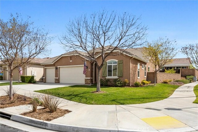 6207 Shelburne Dr, Bakersfield, CA 93306 - single story home with stucco siding, a garage, driveway, a front yard, and a tiled roof