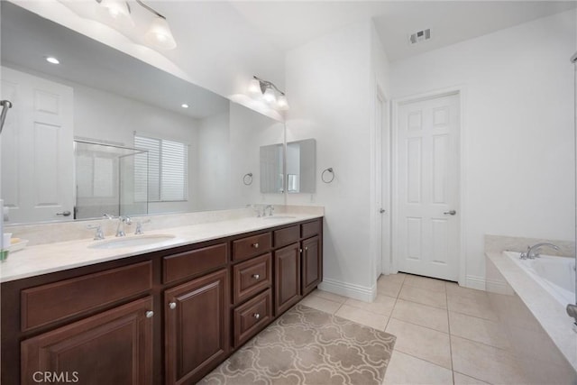 6207 Shelburne Dr, Bakersfield, CA 93306 - bathroom with double vanity, a bath, tile patterned floors, a shower with shower door, and baseboards