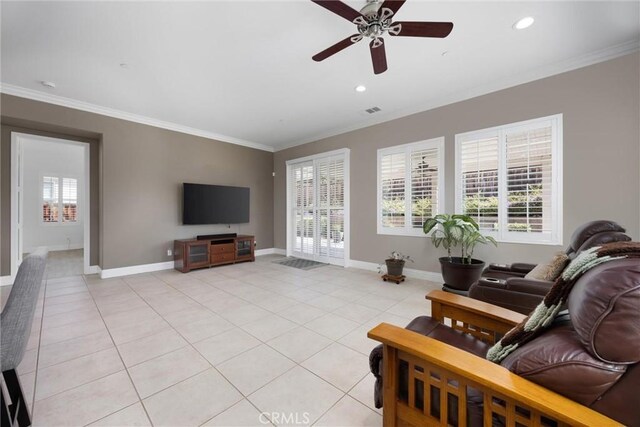 6207 Shelburne Dr, Bakersfield, CA 93306 - living area with light tile patterned floors, ceiling fan, crown molding, baseboards, and recessed lighting