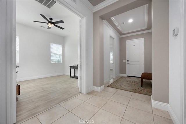 6207 Shelburne Dr, Bakersfield, CA 93306 - foyer entrance with ornamental molding, a ceiling fan, baseboards, and light tile patterned flooring