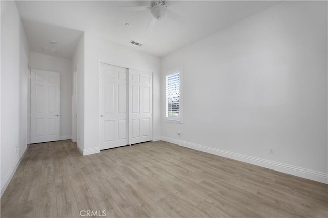 6207 Shelburne Dr, Bakersfield, CA 93306 - unfurnished bedroom featuring light wood-style flooring, baseboards, a closet, and ceiling fan