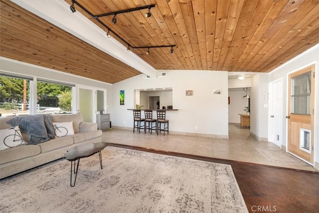 living room with rail lighting, visible vents, wooden ceiling, and vaulted ceiling with beams