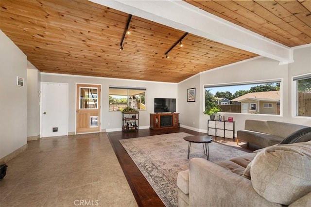 living room featuring baseboards, rail lighting, wood ceiling, and a healthy amount of sunlight