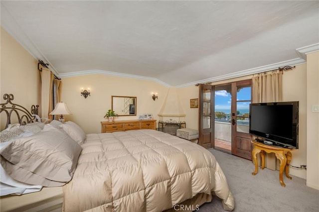 624 Calle Miramar, Redondo Beach, CA 90277 - bedroom featuring access to outside, carpet flooring, crown molding, french doors, and lofted ceiling