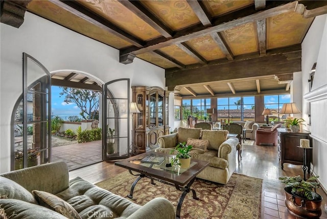 624 Calle Miramar, Redondo Beach, CA 90277 - living area with beamed ceiling and wood finished floors