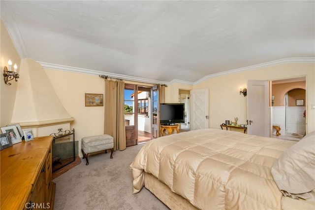 624 Calle Miramar, Redondo Beach, CA 90277 - bedroom with access to exterior, ornamental molding, light carpet, and vaulted ceiling