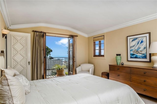 624 Calle Miramar, Redondo Beach, CA 90277 - bedroom with access to exterior, lofted ceiling, and ornamental molding