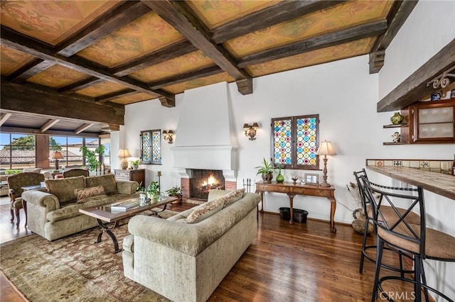 624 Calle Miramar, Redondo Beach, CA 90277 - living room with dark wood finished floors, a fireplace, beamed ceiling, coffered ceiling, and baseboards
