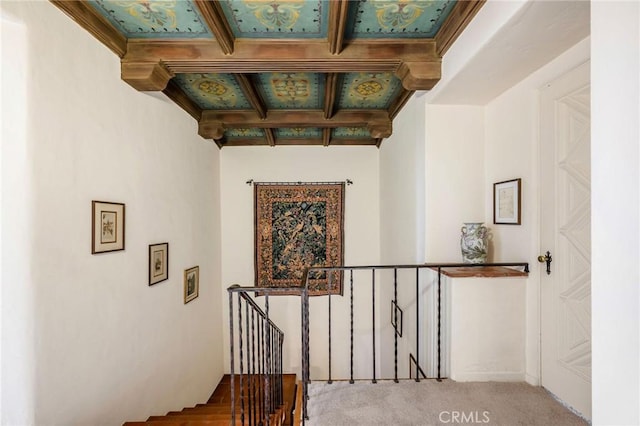 624 Calle Miramar, Redondo Beach, CA 90277 - stairway featuring carpet floors and beam ceiling
