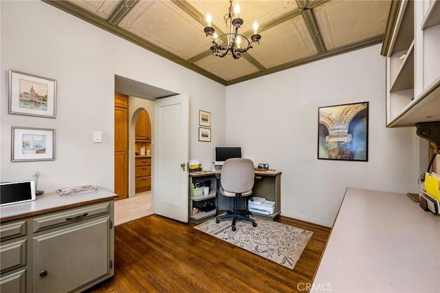 624 Calle Miramar, Redondo Beach, CA 90277 - office area featuring arched walkways, a chandelier, dark wood-style floors, and an ornate ceiling