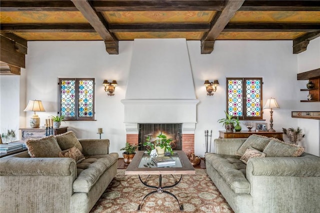 624 Calle Miramar, Redondo Beach, CA 90277 - living area featuring coffered ceiling, beam ceiling, and a brick fireplace