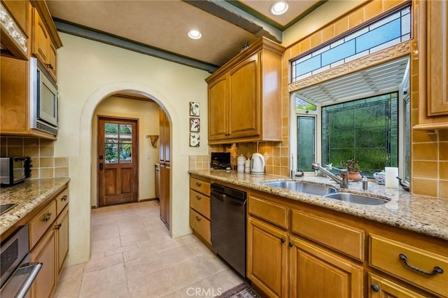 624 Calle Miramar, Redondo Beach, CA 90277 - kitchen featuring appliances with stainless steel finishes, a sink, tasteful backsplash, light stone counters, and recessed lighting