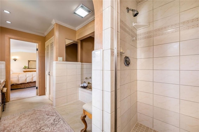 624 Calle Miramar, Redondo Beach, CA 90277 - bathroom with ornamental molding, a tile shower, connected bathroom, tile walls, and a bath