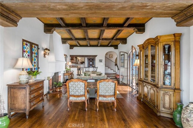 624 Calle Miramar, Redondo Beach, CA 90277 - dining room with hardwood / wood-style flooring, coffered ceiling, stairway, beam ceiling, and arched walkways