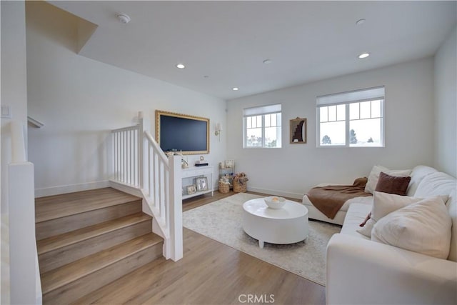 3860 Righetti Ranch Rd, San Luis Obispo, CA 93401 - living area featuring wood finished floors, recessed lighting, baseboards, and stairway
