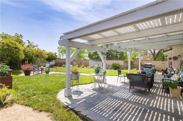view of patio with a pergola, outdoor dining area, and a fenced backyard