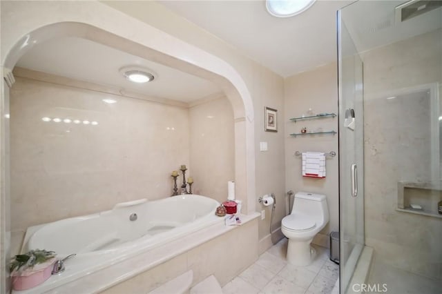 bathroom featuring toilet, a bath, tile patterned flooring, and a shower stall