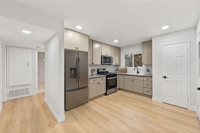 kitchen featuring stainless steel appliances, visible vents, a sink, decorative backsplash, and light wood-style flooring