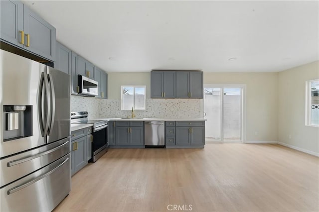 kitchen with a sink, light countertops, stainless steel appliances, light wood-style flooring, and backsplash