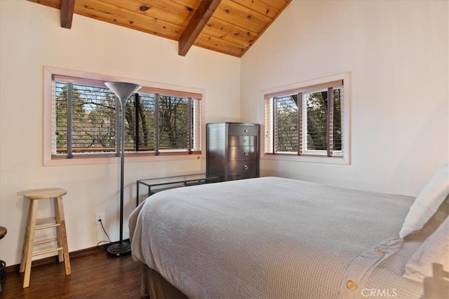 bedroom featuring wood ceiling, multiple windows, dark wood-style floors, and vaulted ceiling with beams