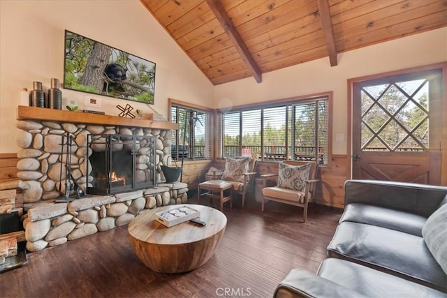living area featuring wood finished floors, wainscoting, wood ceiling, a fireplace, and beam ceiling