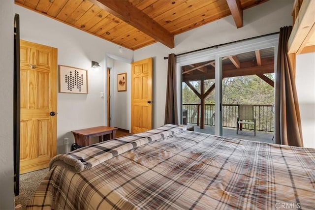 bedroom with beamed ceiling, access to exterior, and wooden ceiling